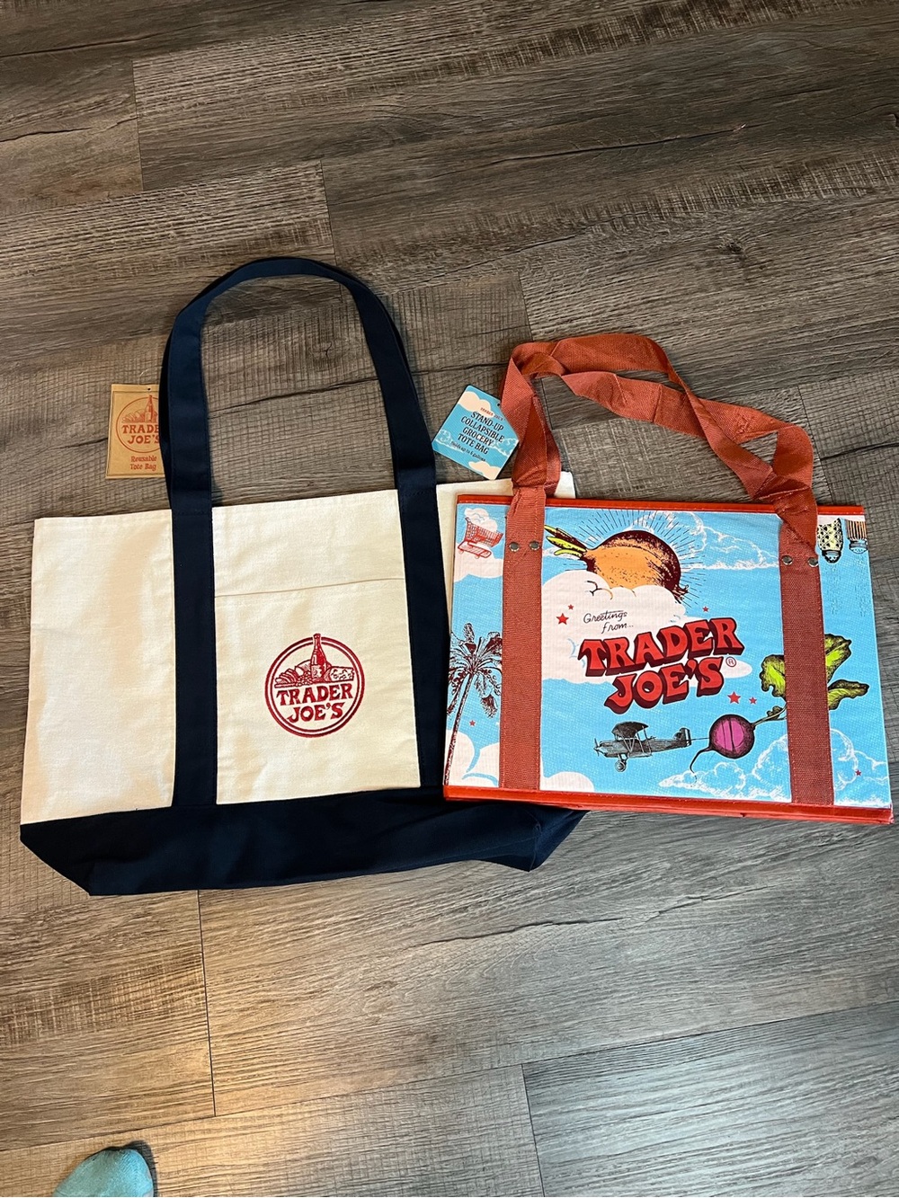 Set of 2 Trader Joe's Navy Blue Canvas Tote & Stand-Up Collapsible Bag (FL1161)